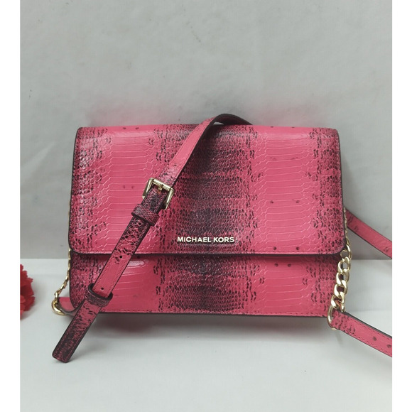 Michael Kors Pink Leather Python Printed Chain Strap Crossbody Bag - Picture 1 of 16